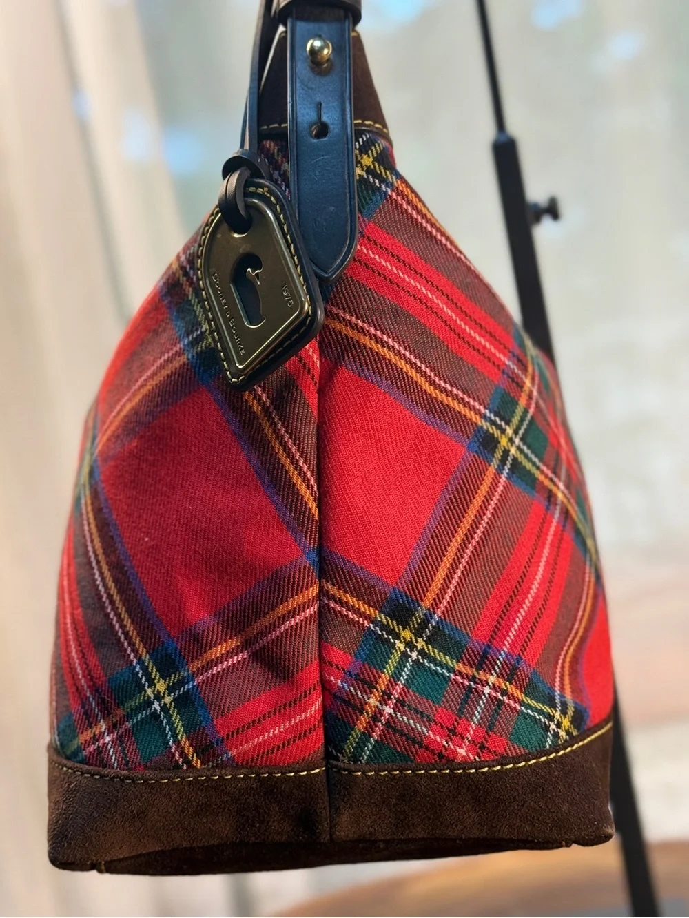 Dooney & Bourke Red Tartan Plaid Hobo Shoulder Bag Dark Brown Suede Trim EUC